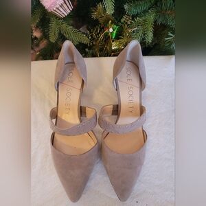Sole Society Women's Studded Taupe Strappy Pointed Toe Kitten Heels